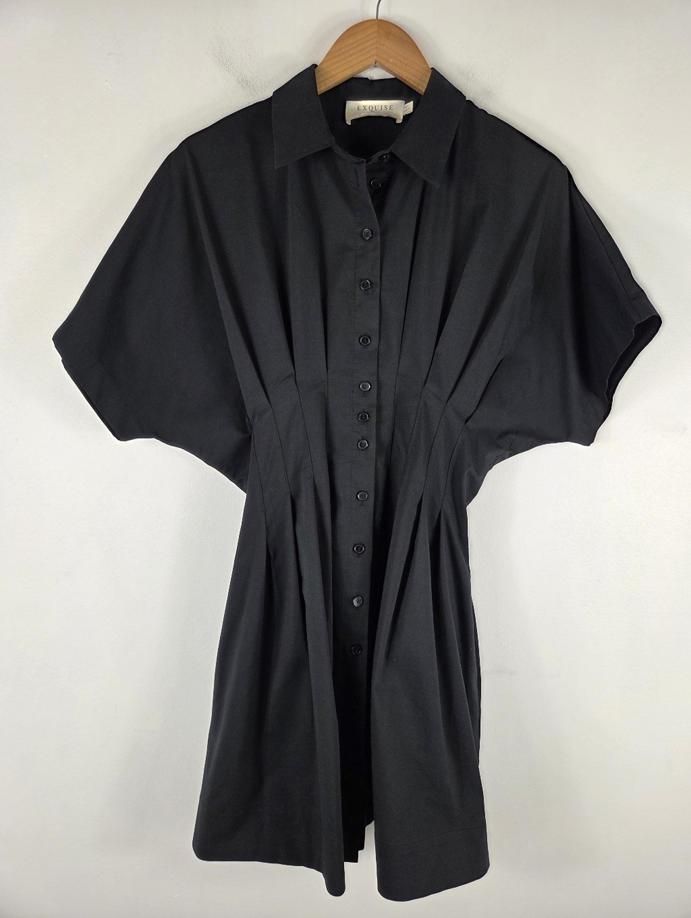Anthro Exquise Tobie Button Up Pintuck Kimono Sleeve Fit & Flare Shirt Dress - Picture 3 of 14